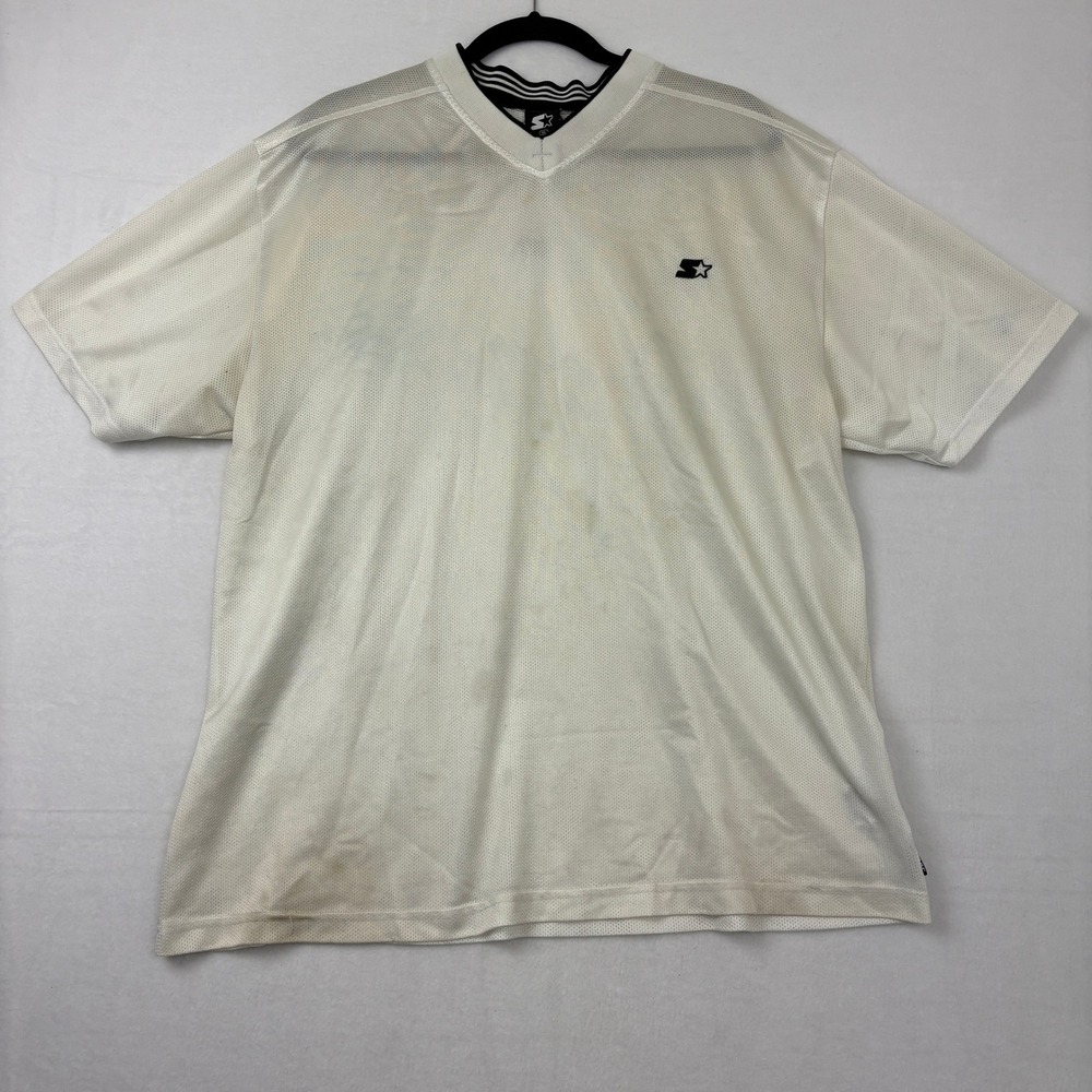Starter Mens XL White Mesh Athletic V-Neck Jersey Short Sleeve Shirt Logo N4